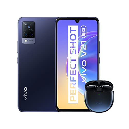vivo V21 5G Smartphone & True Wireless Stereo Neo Kopfhörer, 8GB + 128GB, 44 MP-Super-Night-Selfie mit OIS, 64 MP-Dreifachkamera, Extrem Schmal, 6,44'', Dual-SIM (Bundle-Dusk Blue)