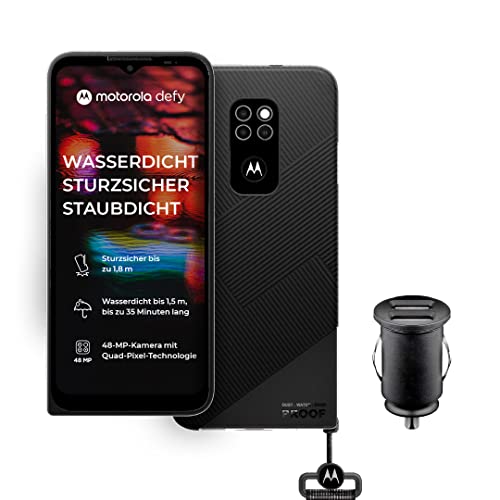 Motorola Defy Outdoor Smartphone (6,5” kratzfestes HD+ Display, 48MP Quad-Kamera , Android 10 (Upgrade auf 11), 5000mAh, 4/64GB, wasserdicht und sturzsicher, MIL SPEC 810H) schwarz inkl. Kfz-Adapter