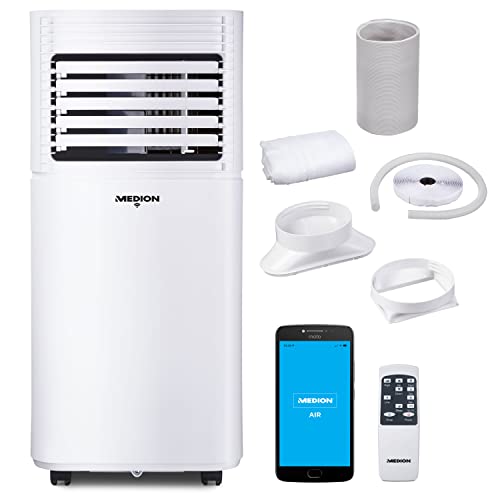MEDION smarte mobile Klimaanlage mit Abluftschlauch (inkl. Fenster-Kit, leise, 3in1, Klimagerät, App Steuerung, Schlafmodus, Kühlen Entfeuchten Ventilieren, Staubfilter, bis zu 25qm, 7000BTU, MD37215)