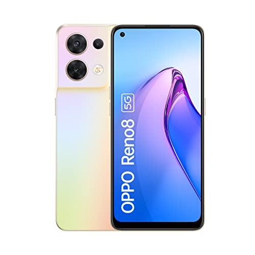 OPPO Reno8 Smartphone, MediaTek Dimensity 1300 5G, 6,4 Zoll 90Hz AMOLED Bildschirm, 50MP+8MP+2MP Rückkamera, 32MP Frontkamera, RAM 8GB + ROM 256GB, 4500mAh 80W Supervooc, Shimmer Gold