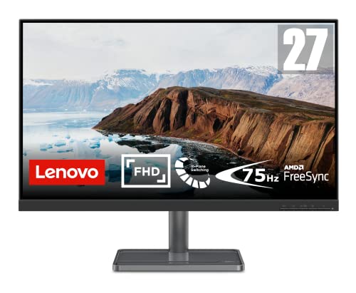 Lenovo L27i-30 27.0 Zoll FHD IPS FreeSync Gaming Monitor 5 ms VGA + HDMI ultradünne Kanten mit Metallfuß und Smartphone-Halterung - Tiefschwarz/Metallgrau, Nero corvino / Base in Metallo