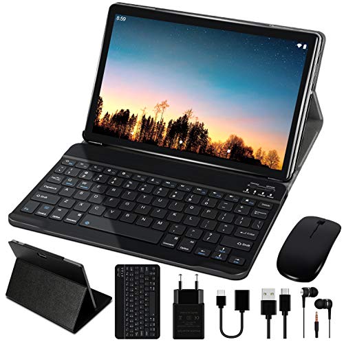 10'' Tablet 4 GB RAM 64 GB SSD ROM WiFi + Dual-SIM LTE Android 10 Pro GOODTEL Tablette Dual-Kamera 5 + 8 MP | WiFi | IPS | Bluetooth | MicroSD 4-128 GB | FM | mit Bluetooth Tastatur und Maus - Grau
