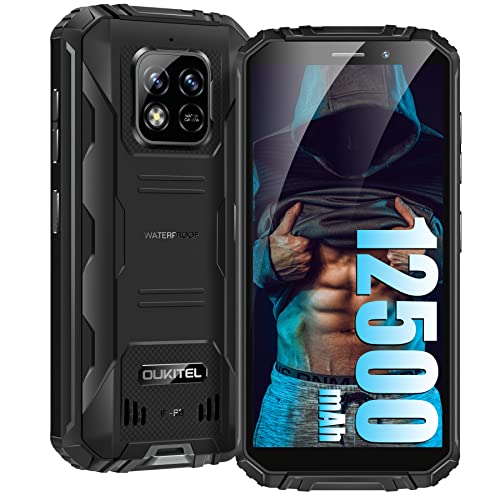 12500mAh Großer Akku OUKITEL WP18 Outdoor Smartphone, 5.93' Outdoor Handy Ohne Vertrag, 4GB + 32GB/1TB Android 11 Günstig Handys, 13MP Kamera, IP68 Wasserdichter, 4G Dual SIM/Face ID/OTG/GPS - Schwarz